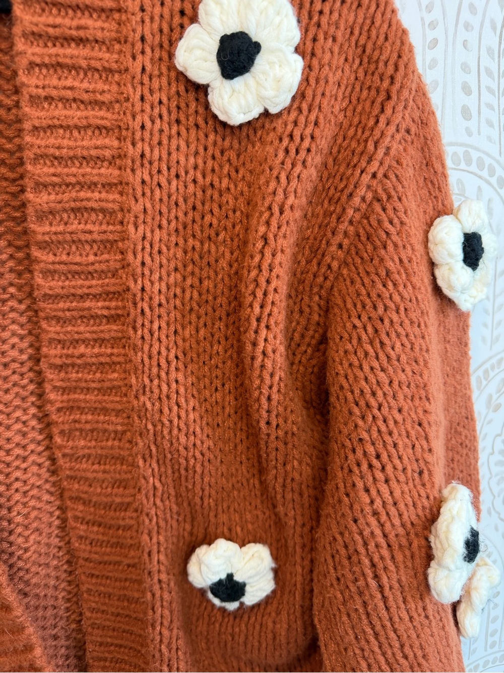 Maeve Anthropologie Chunky 3D Flower Knit Cardigan Sweater Terracotta One Size - Picture 4 of 11
